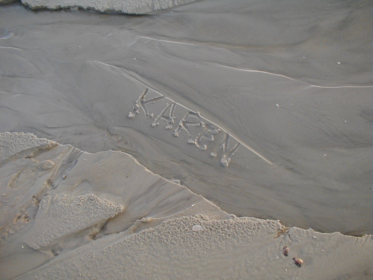 Karen name in sand.JPG